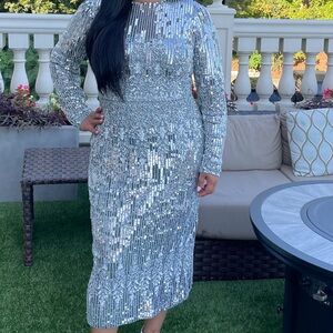 Mac Duggal Silver Beaded Long-Sleeve Evening Dress